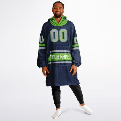Navy, green, and gray classic snug hoodie featuring authentic jersey striping and personalized number details.