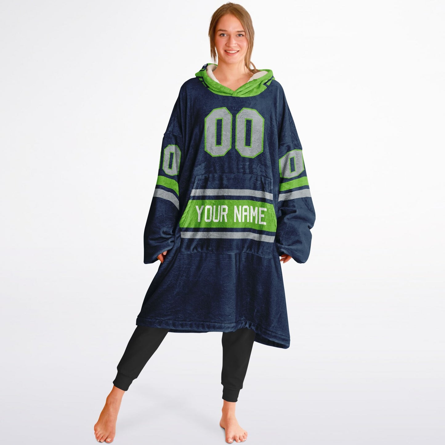 Navy, green, and gray classic snug hoodie featuring authentic jersey striping and personalized number details.