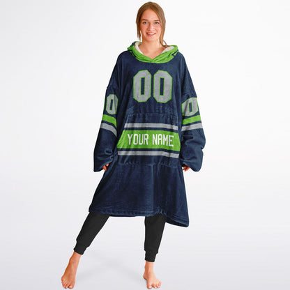 Navy, green, and gray classic snug hoodie featuring authentic jersey striping and personalized number details.
