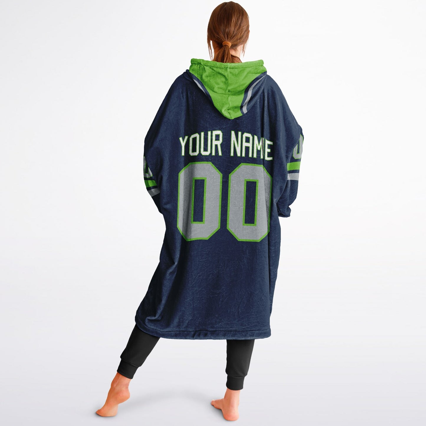 Navy, green, and gray classic snug hoodie featuring authentic jersey striping and personalized number details.