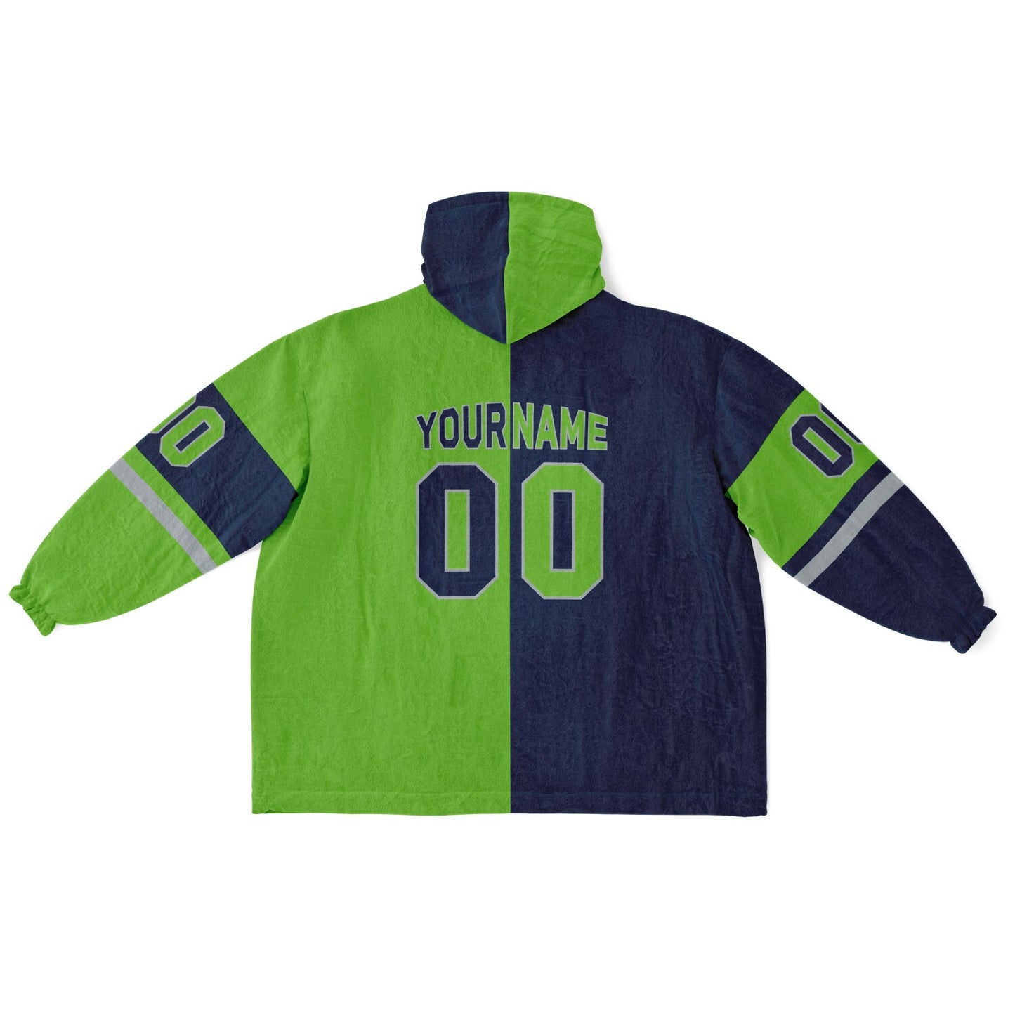Navy, green, and gray halftime snug hoodie with three-tone split design and cozy fleece texture.