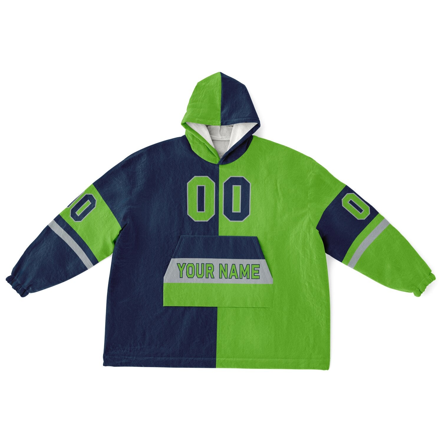 Navy, green, and gray halftime snug hoodie with three-tone split design and cozy fleece texture.