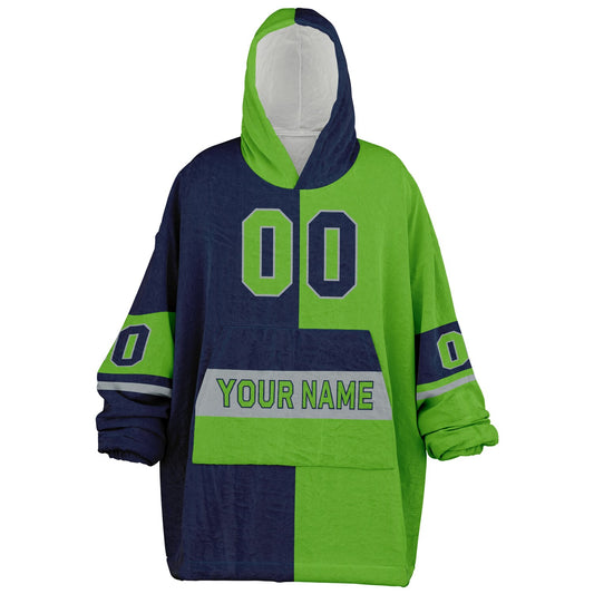 Navy, green, and gray halftime snug hoodie with three-tone split design and cozy fleece texture.