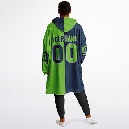 Navy, green, and gray halftime snug hoodie with three-tone split design and cozy fleece texture.