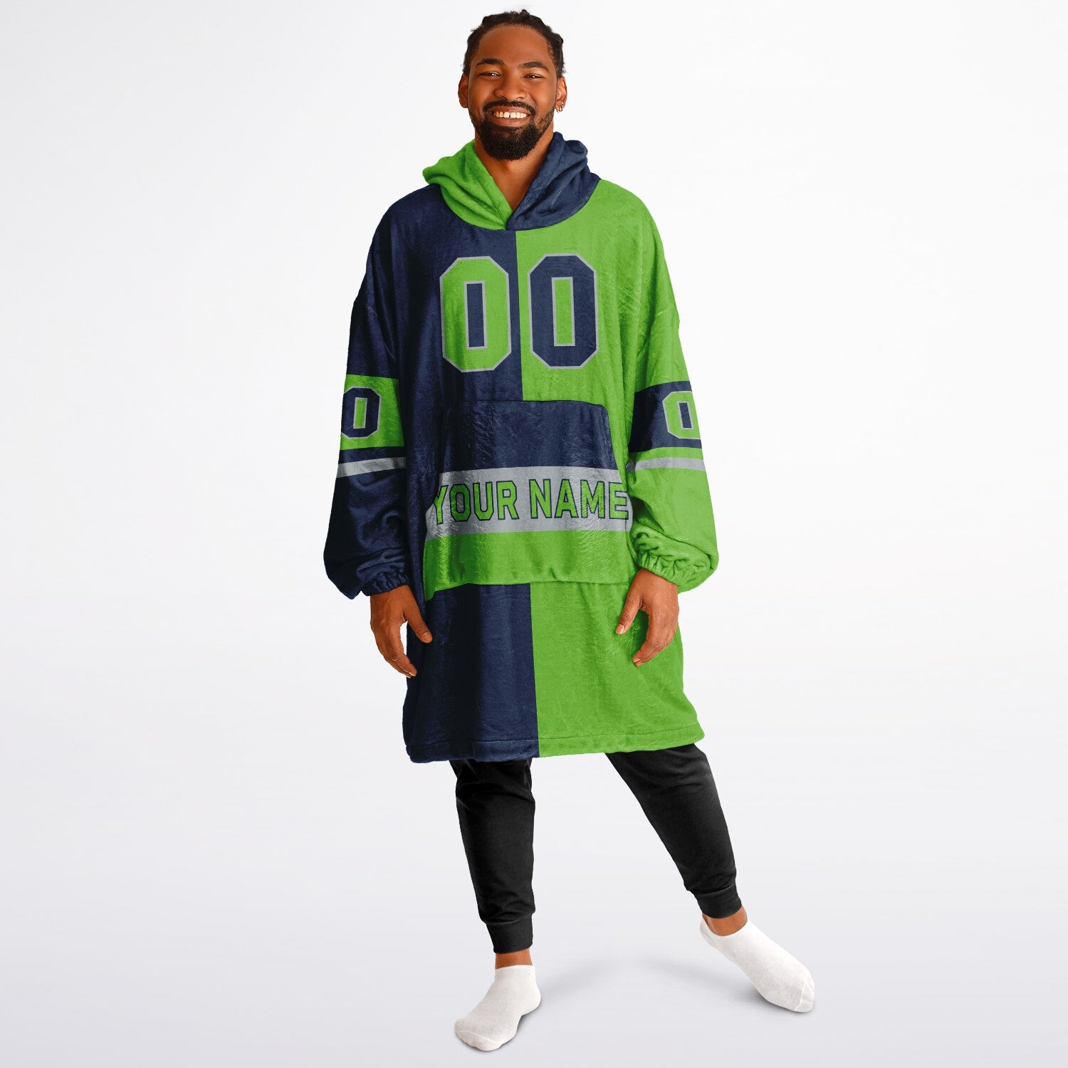 Navy, green, and gray halftime snug hoodie with three-tone split design and cozy fleece texture.