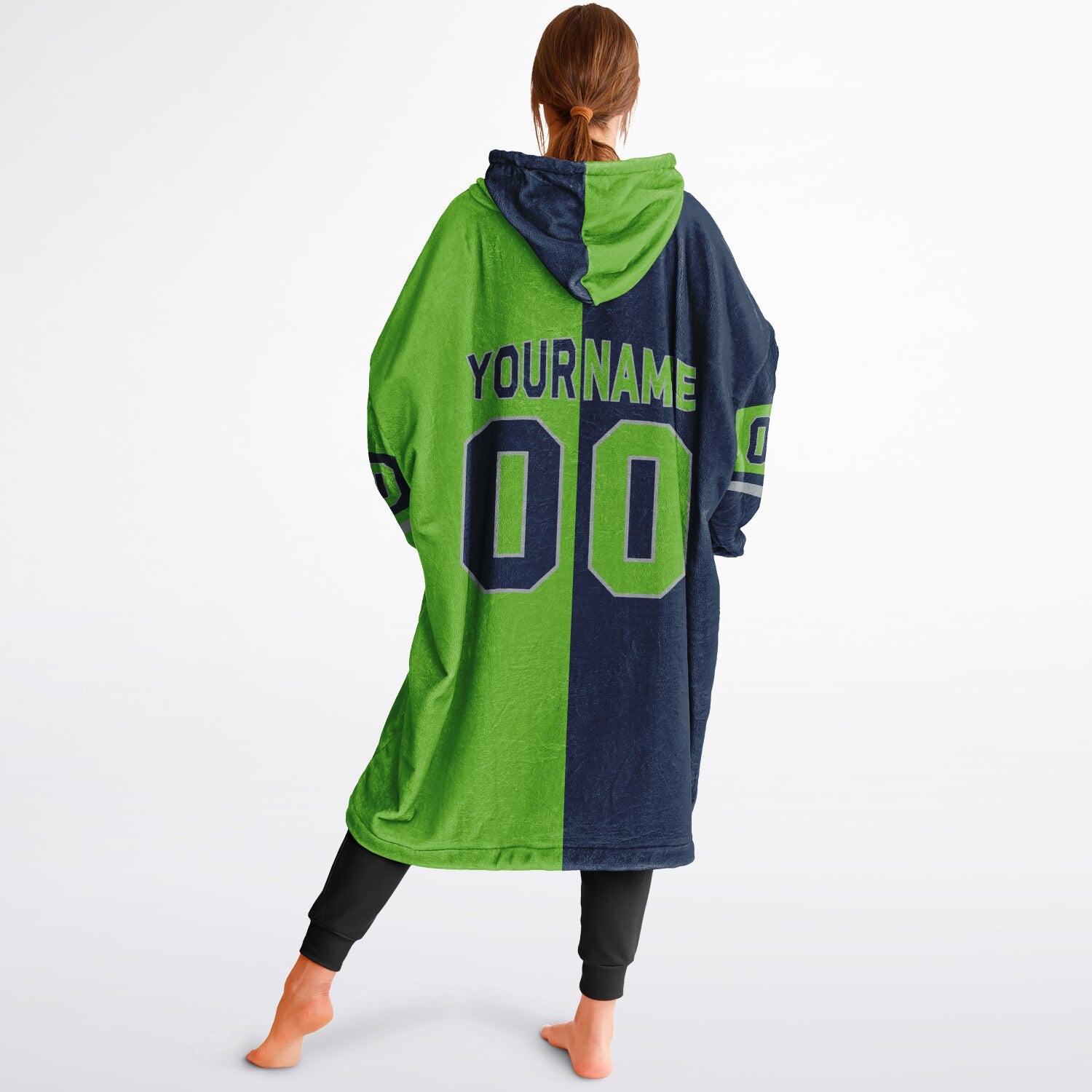 Navy, green, and gray halftime snug hoodie with three-tone split design and cozy fleece texture.