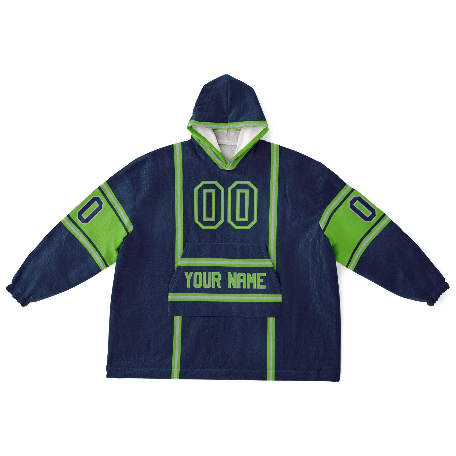 Navy, green, and gray lineup snug hoodie with clean line work and subtle jersey influence.