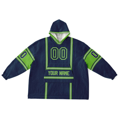 Navy, green, and gray lineup snug hoodie with clean line work and subtle jersey influence.