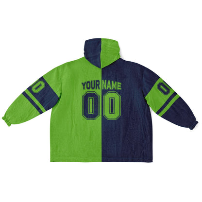 Navy and green halftime snug hoodie featuring a symmetrical split design for a dynamic game-day look.