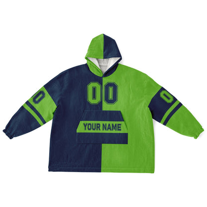 Navy and green halftime snug hoodie featuring a symmetrical split design for a dynamic game-day look.