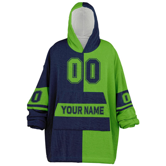 Navy and green halftime snug hoodie featuring a symmetrical split design for a dynamic game-day look.
