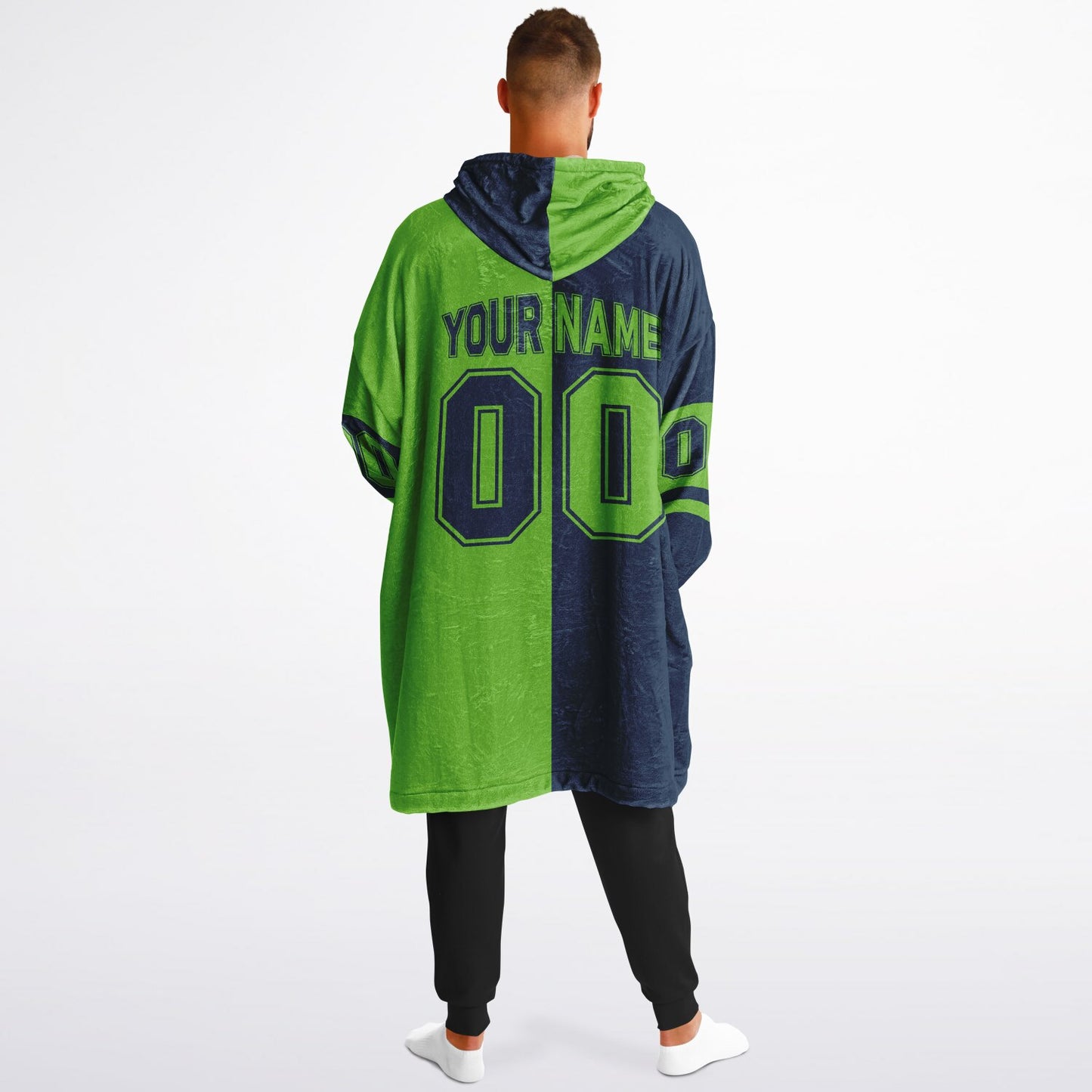 Navy and green halftime snug hoodie featuring a symmetrical split design for a dynamic game-day look.