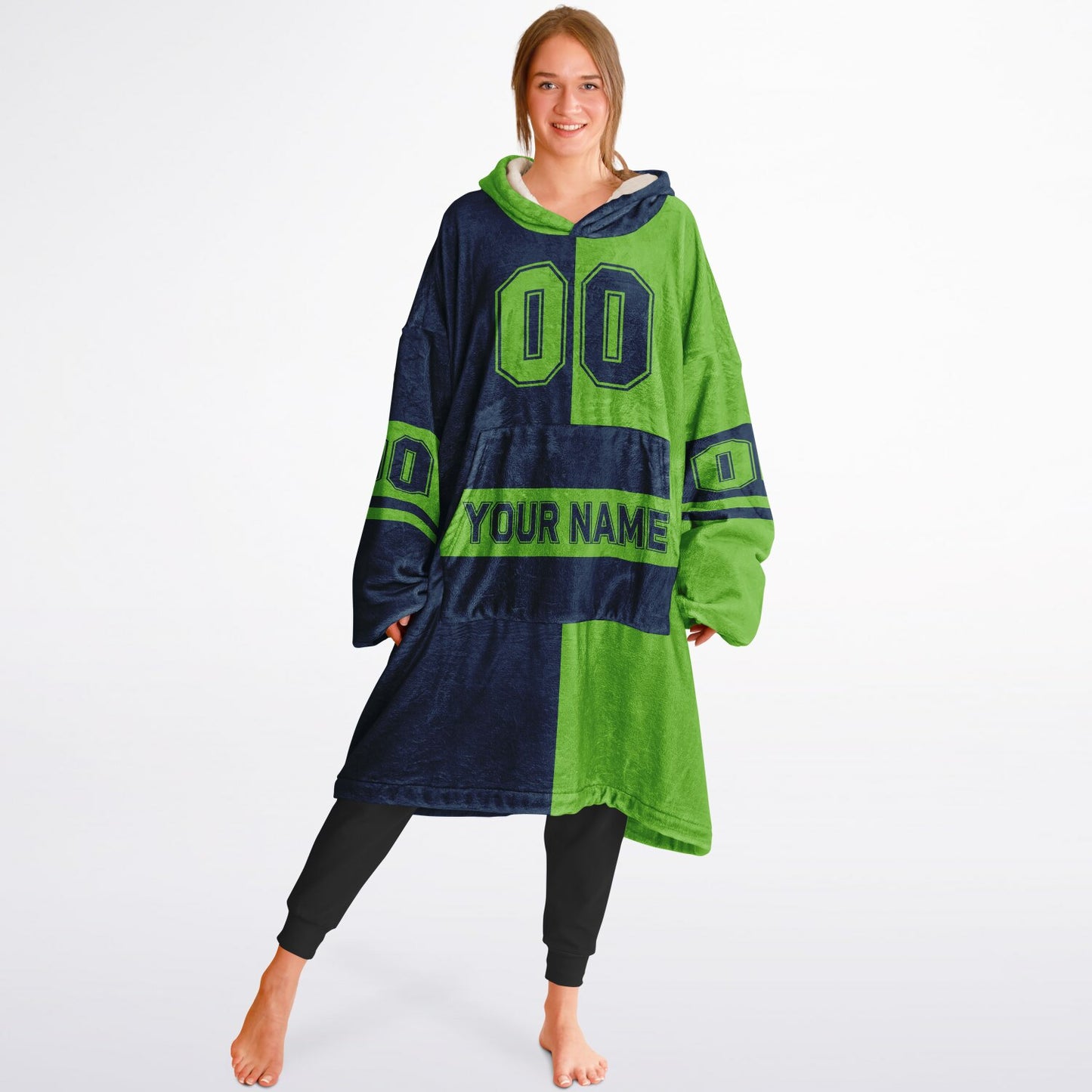 Navy and green halftime snug hoodie featuring a symmetrical split design for a dynamic game-day look.