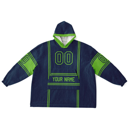 Navy and green lineup snug hoodie featuring sleek line-art details and minimalist team-inspired design.