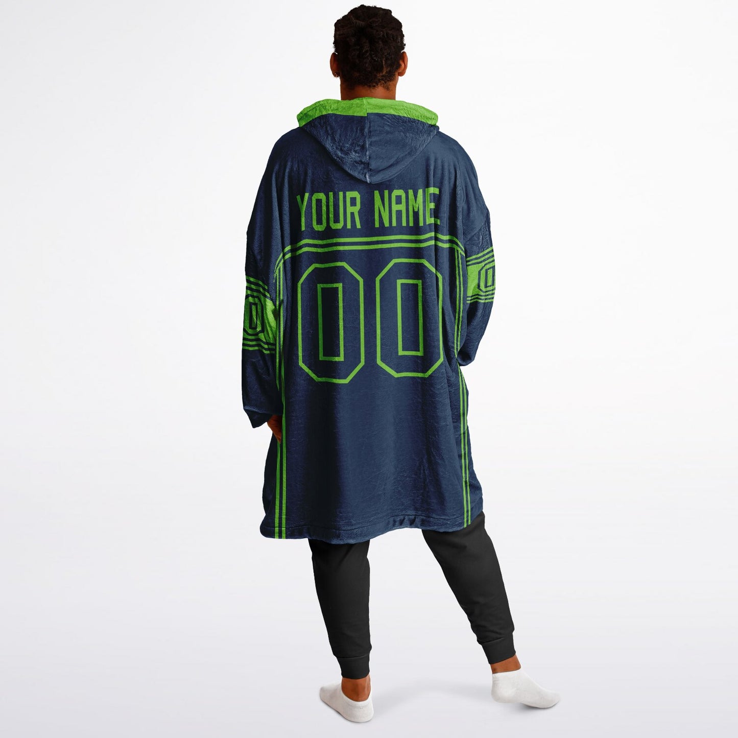 Navy and green lineup snug hoodie featuring sleek line-art details and minimalist team-inspired design.