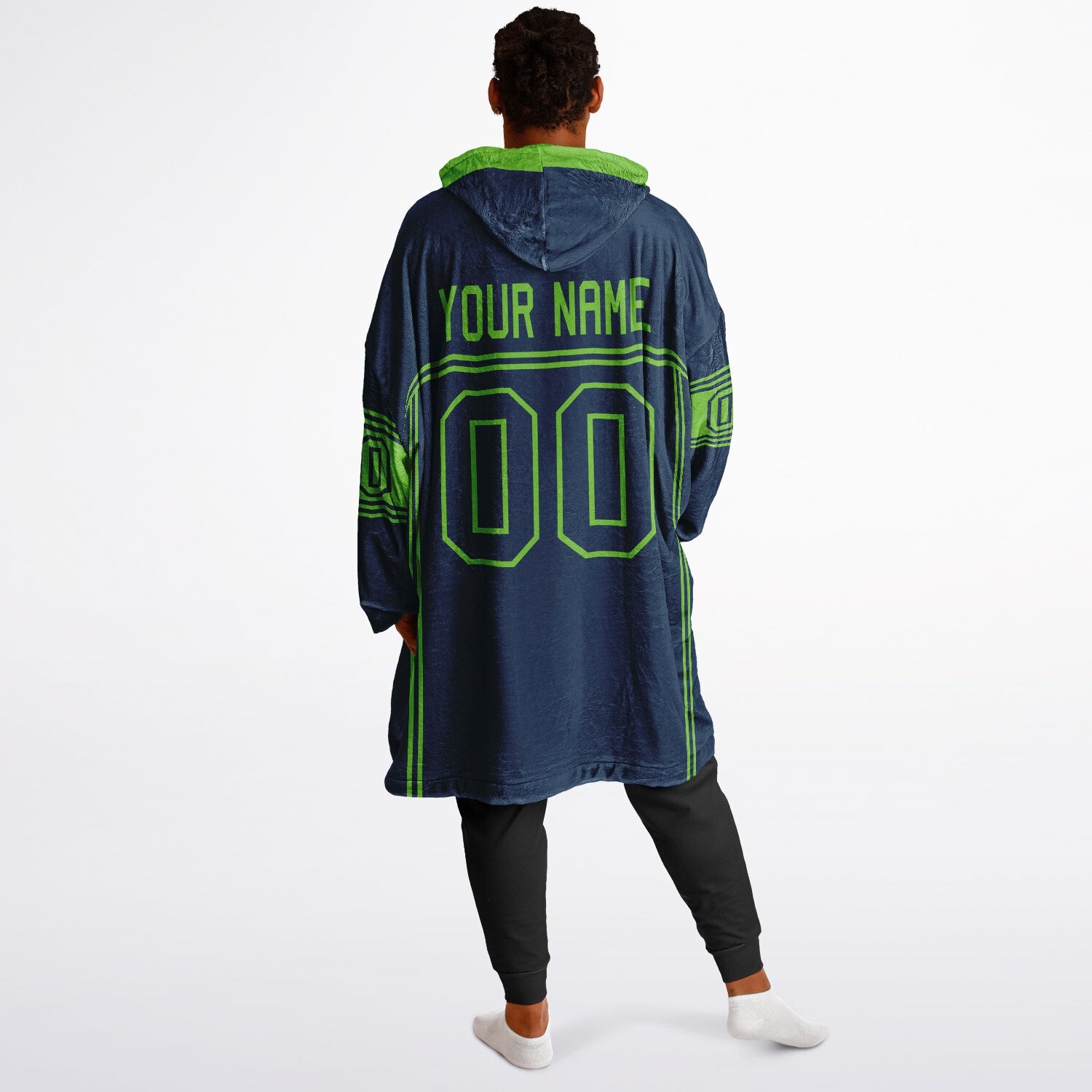 Navy and green lineup snug hoodie featuring sleek line-art details and minimalist team-inspired design.