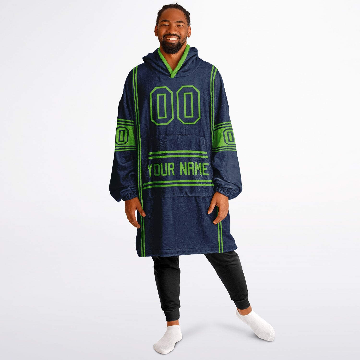 Navy and green lineup snug hoodie featuring sleek line-art details and minimalist team-inspired design.