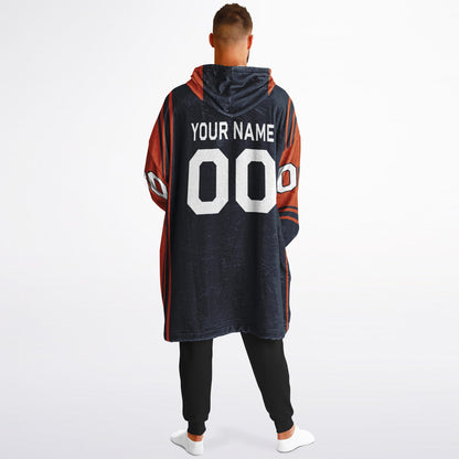 Navy and orange bold snug hoodie with modern color-block design and soft loungewear fit.