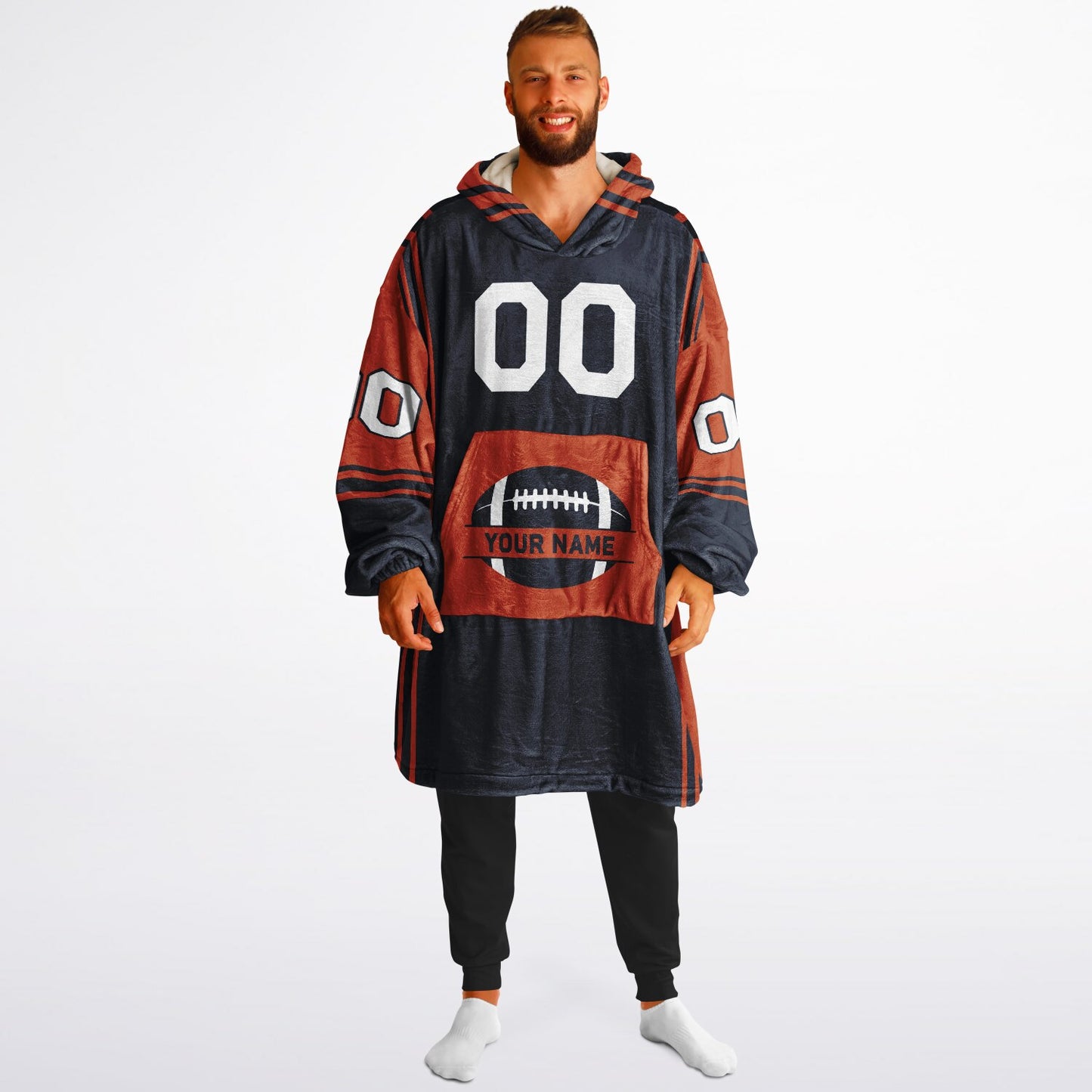 Navy and orange bold snug hoodie with modern color-block design and soft loungewear fit.