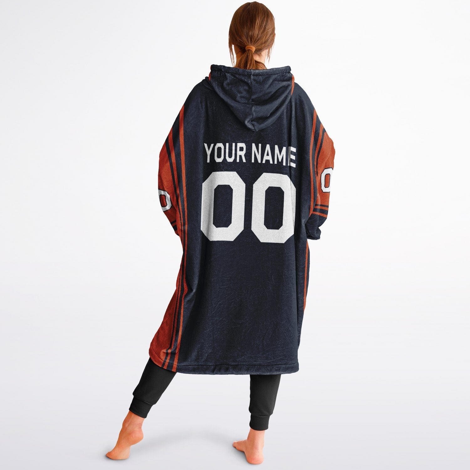 Navy and orange bold snug hoodie with modern color-block design and soft loungewear fit.