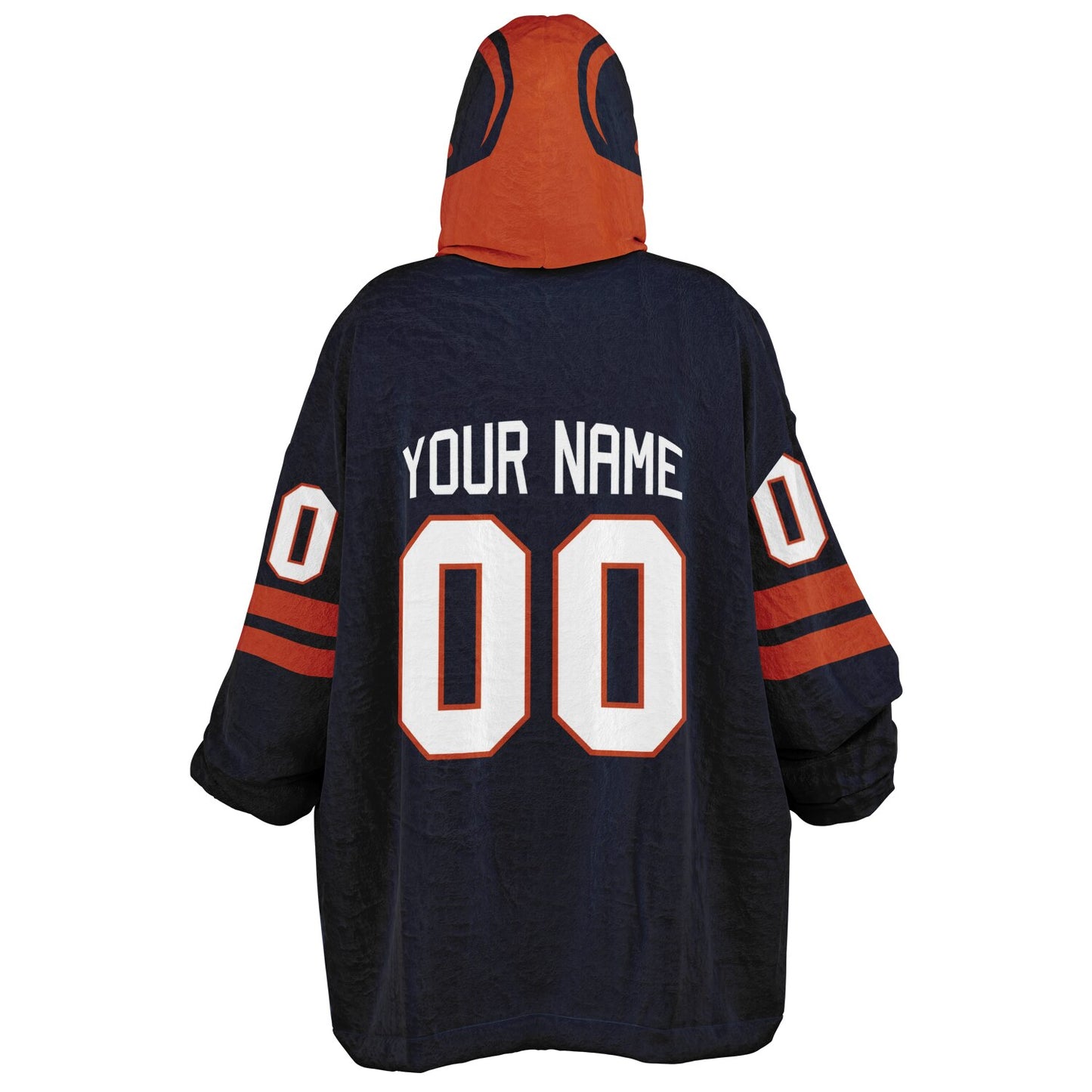 Navy orange classic snug hoodie featuring jersey-style stripes and personalized name and number.