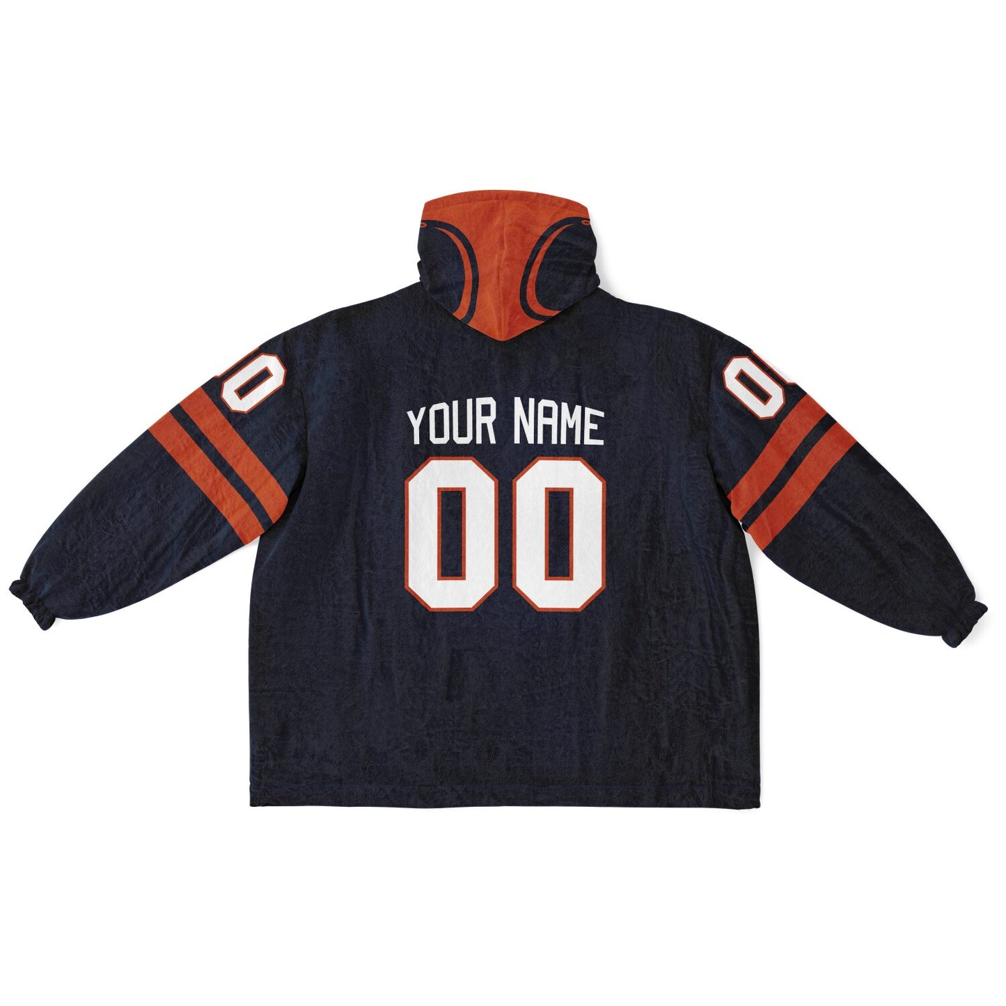 Navy orange classic snug hoodie featuring jersey-style stripes and personalized name and number.