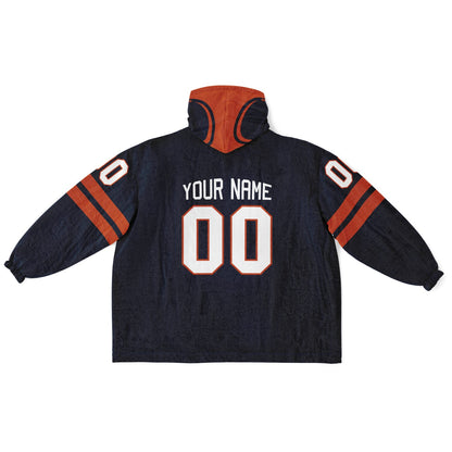 Navy orange classic snug hoodie featuring jersey-style stripes and personalized name and number.