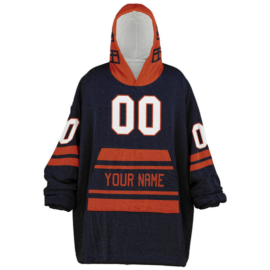 Navy orange classic snug hoodie featuring jersey-style stripes and personalized name and number.