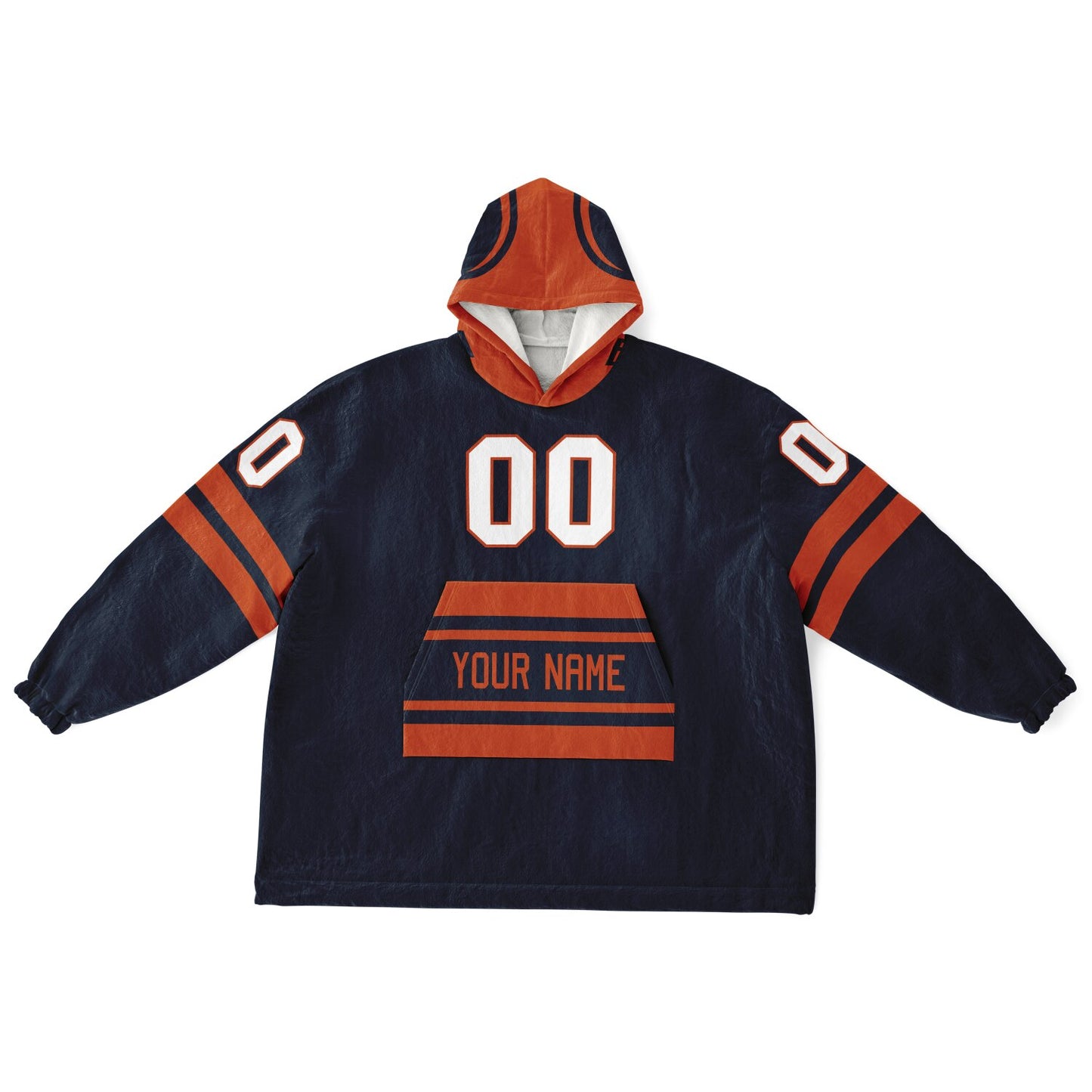 Navy orange classic snug hoodie featuring jersey-style stripes and personalized name and number.