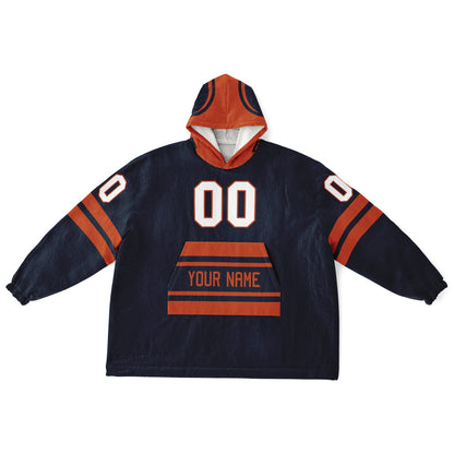 Navy orange classic snug hoodie featuring jersey-style stripes and personalized name and number.