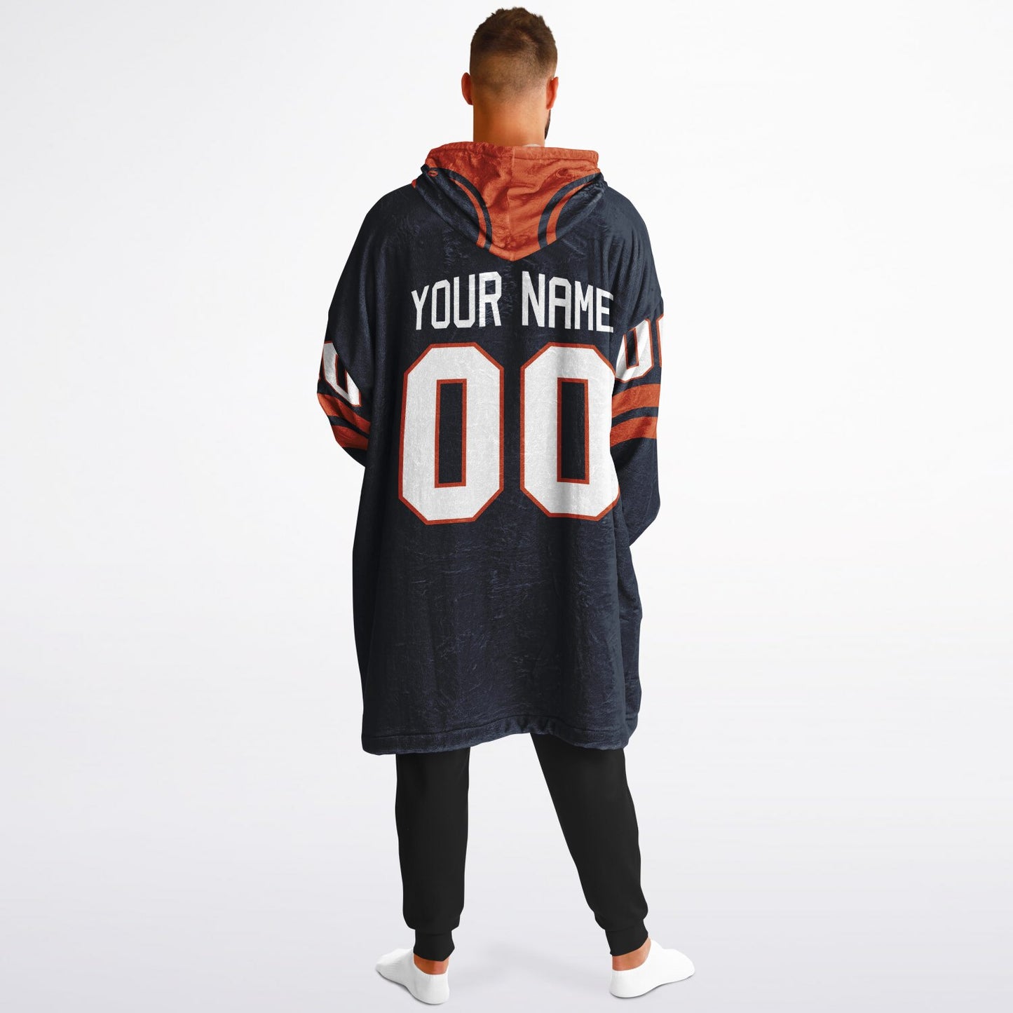 Navy orange classic snug hoodie featuring jersey-style stripes and personalized name and number.