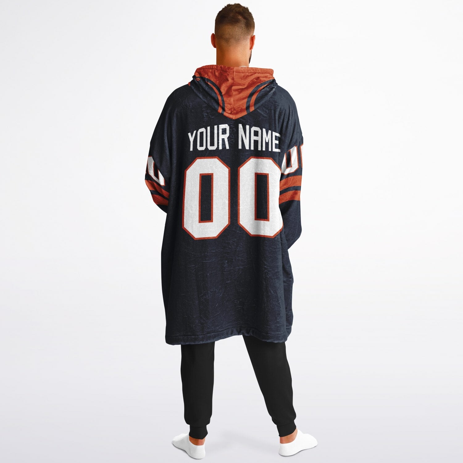 Navy orange classic snug hoodie featuring jersey-style stripes and personalized name and number.