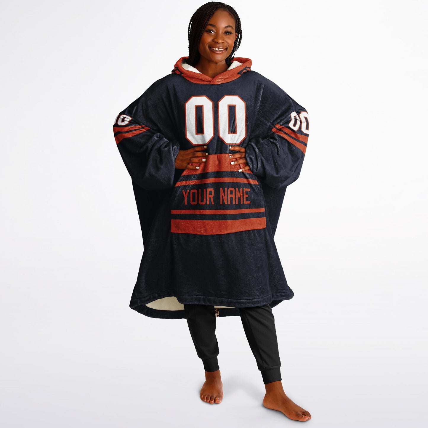 Navy orange classic snug hoodie featuring jersey-style stripes and personalized name and number.