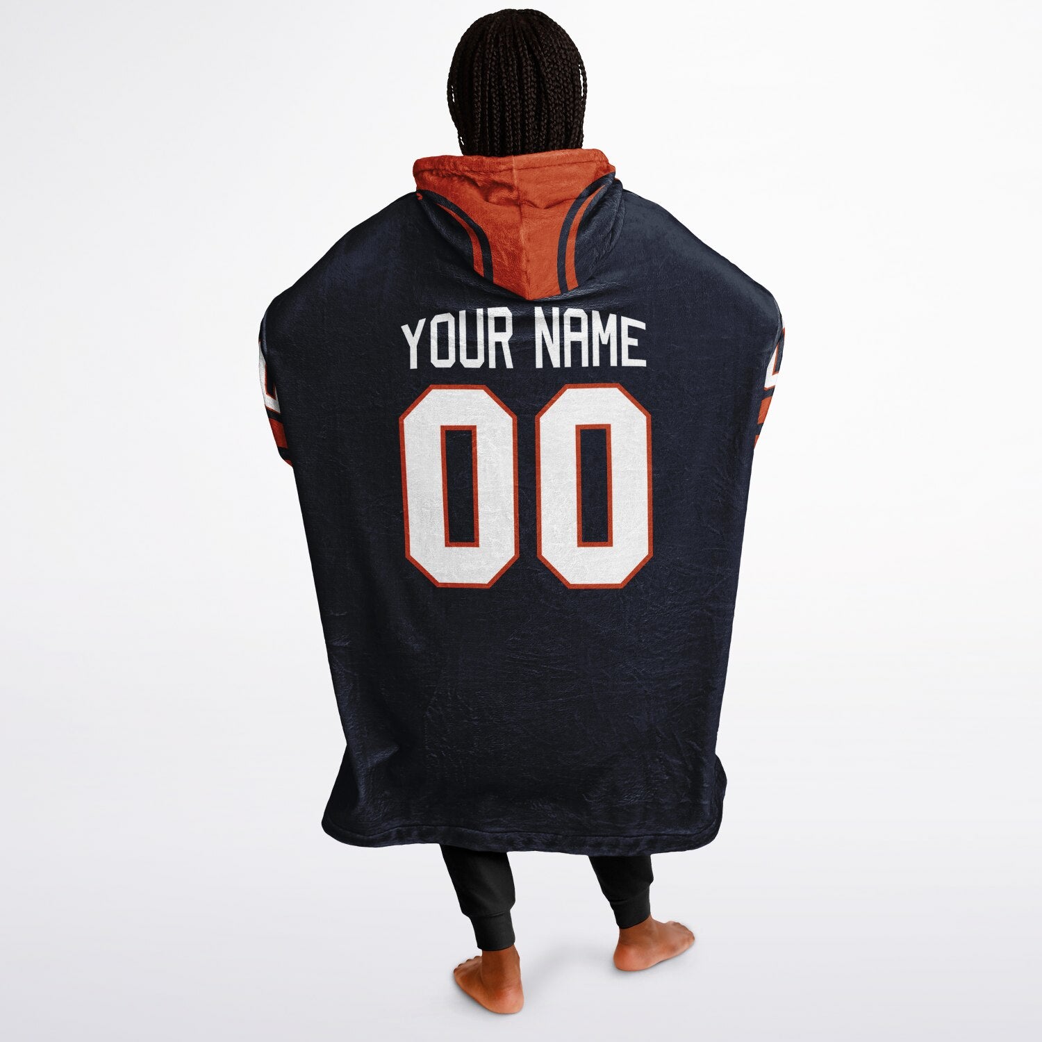 Navy orange classic snug hoodie featuring jersey-style stripes and personalized name and number.