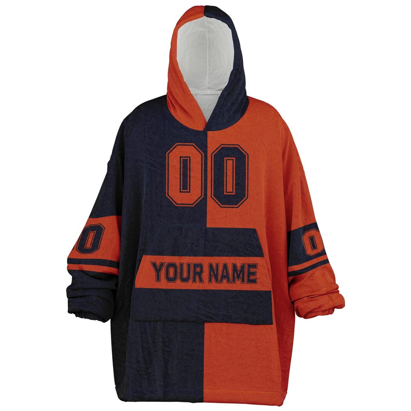 Navy and orange halftime snug hoodie featuring a symmetrical split design for a dynamic game-day look.