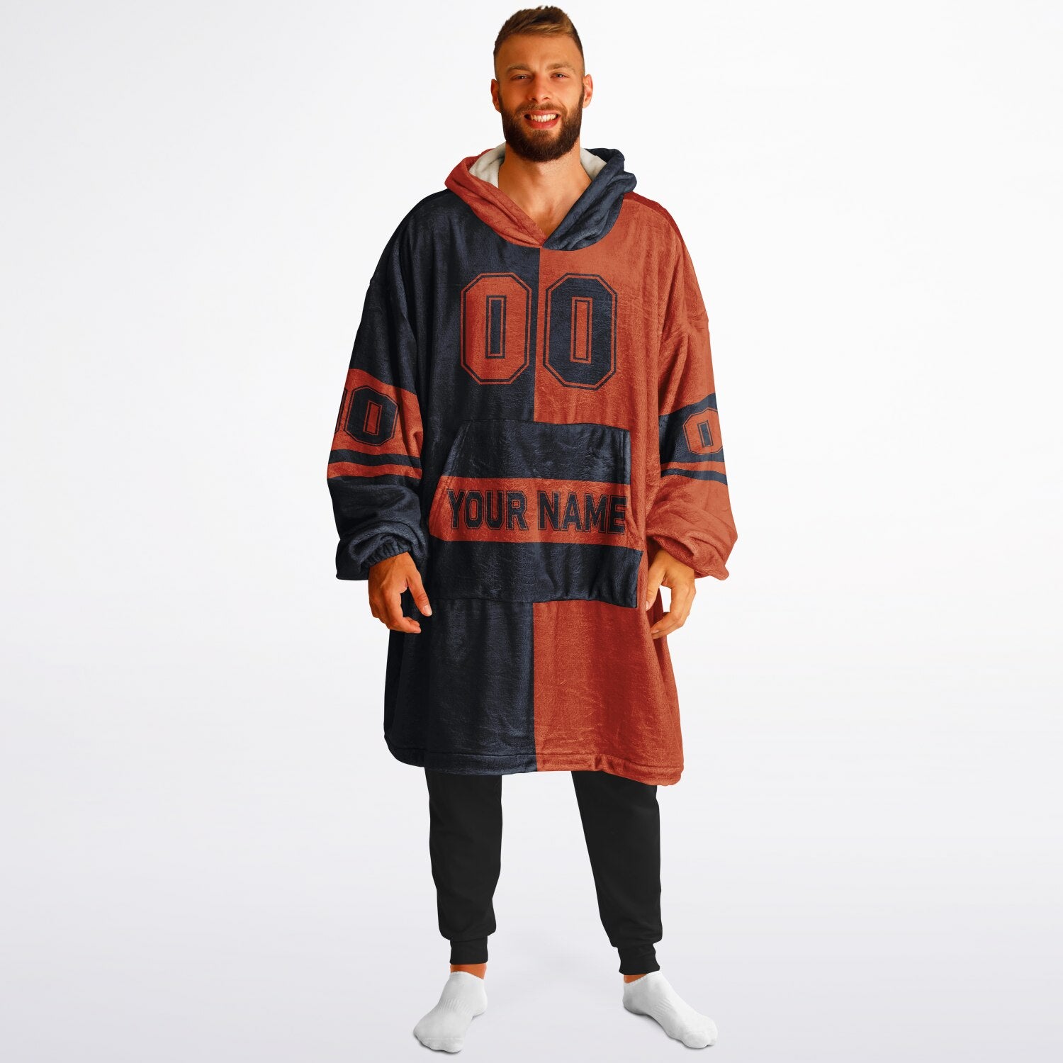 Navy and orange halftime snug hoodie featuring a symmetrical split design for a dynamic game-day look.