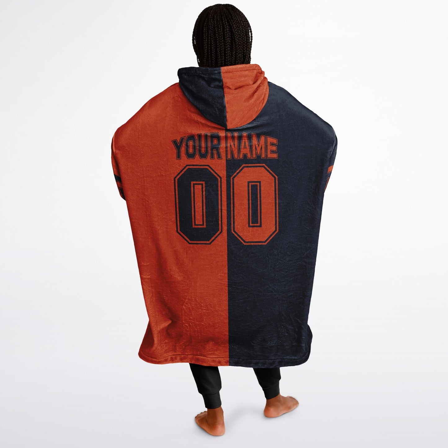Navy and orange halftime snug hoodie featuring a symmetrical split design for a dynamic game-day look.
