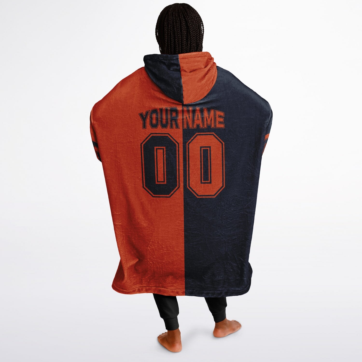 Navy and orange halftime snug hoodie featuring a symmetrical split design for a dynamic game-day look.