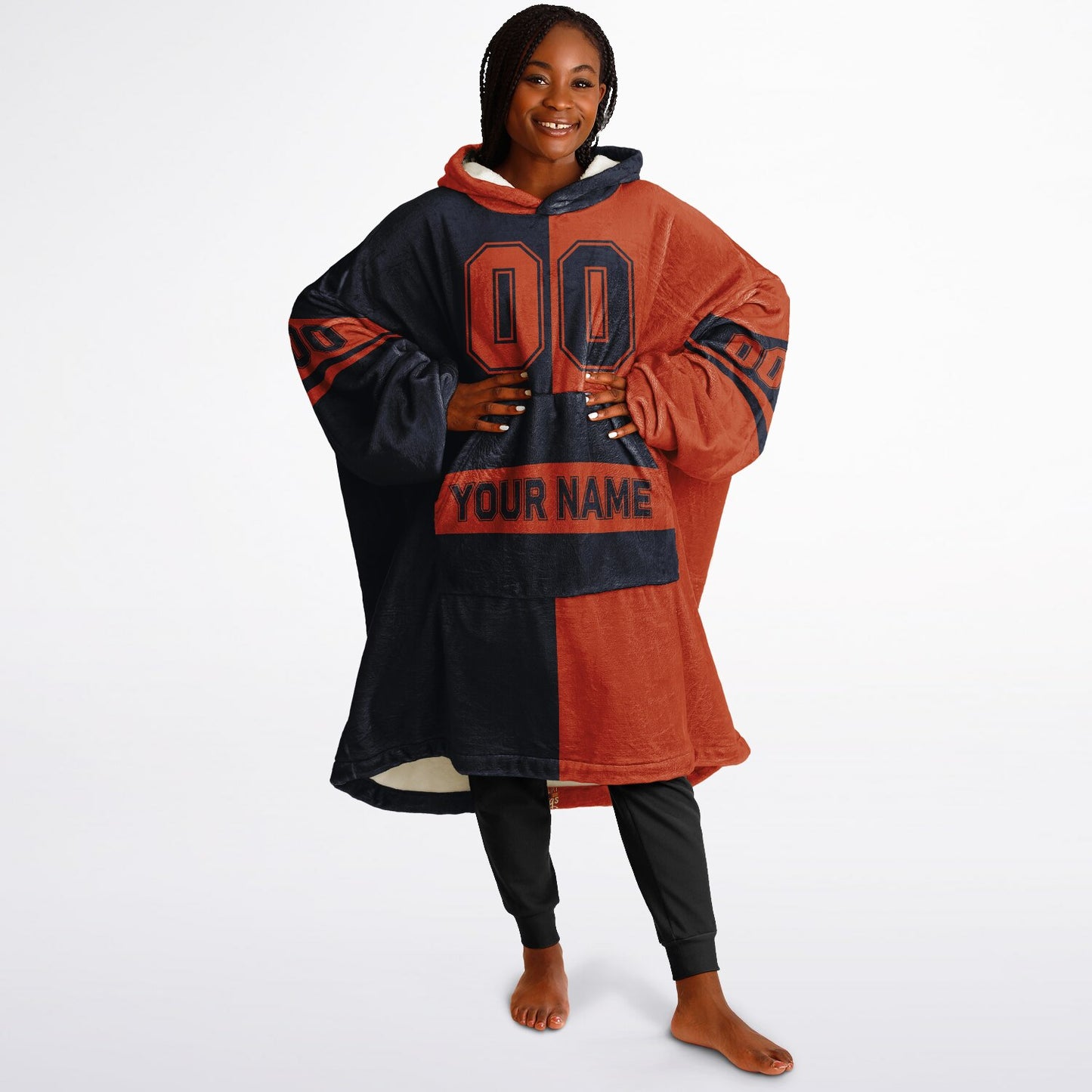 Navy and orange halftime snug hoodie featuring a symmetrical split design for a dynamic game-day look.