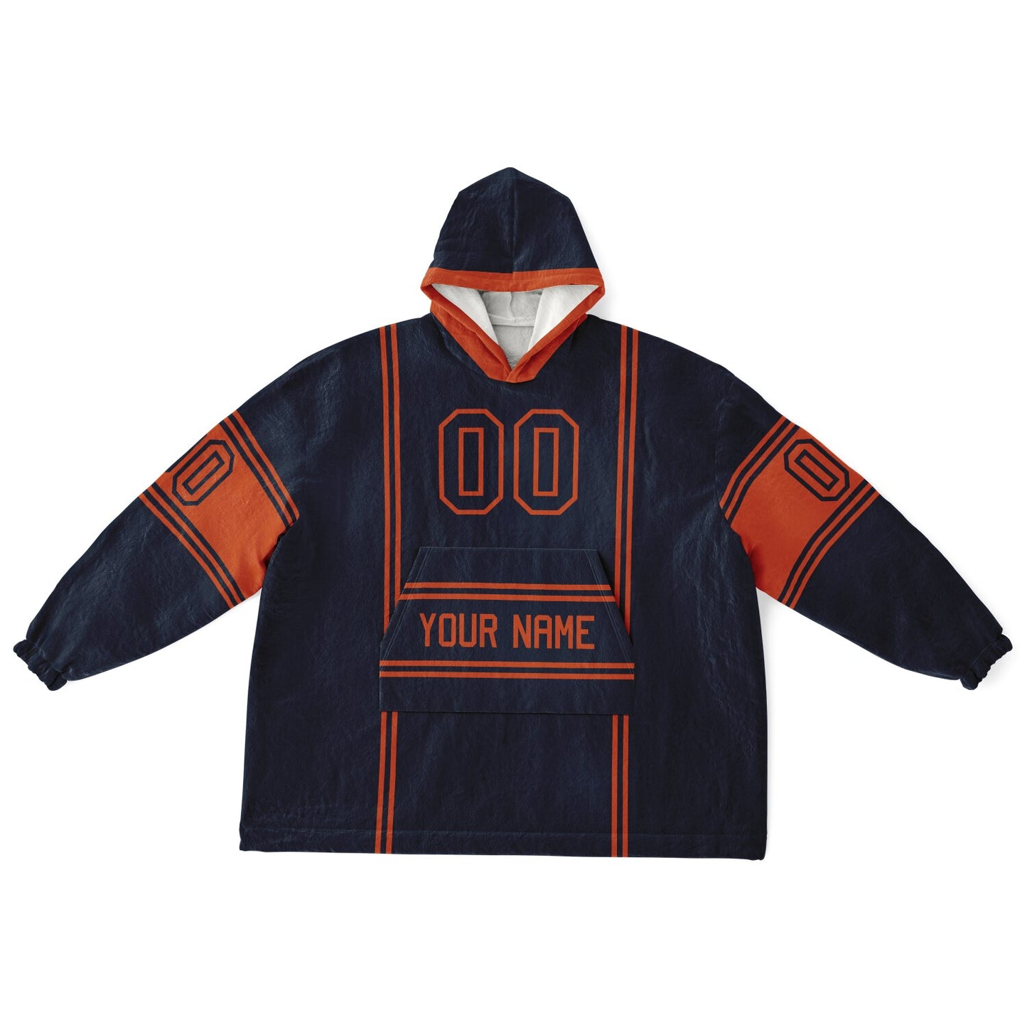 Navy and orange lineup snug hoodie featuring sleek line-art details and minimalist team-inspired design.
