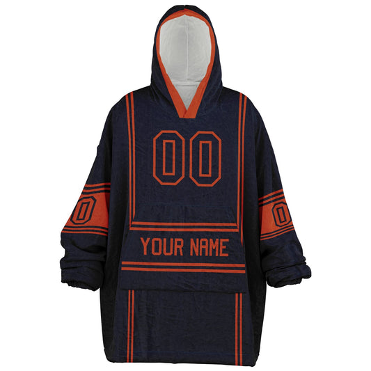 Navy and orange lineup snug hoodie featuring sleek line-art details and minimalist team-inspired design.