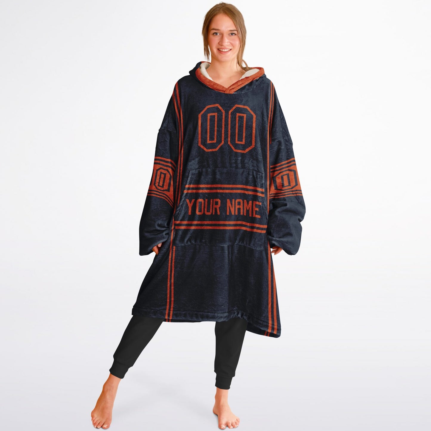 Navy and orange lineup snug hoodie featuring sleek line-art details and minimalist team-inspired design.