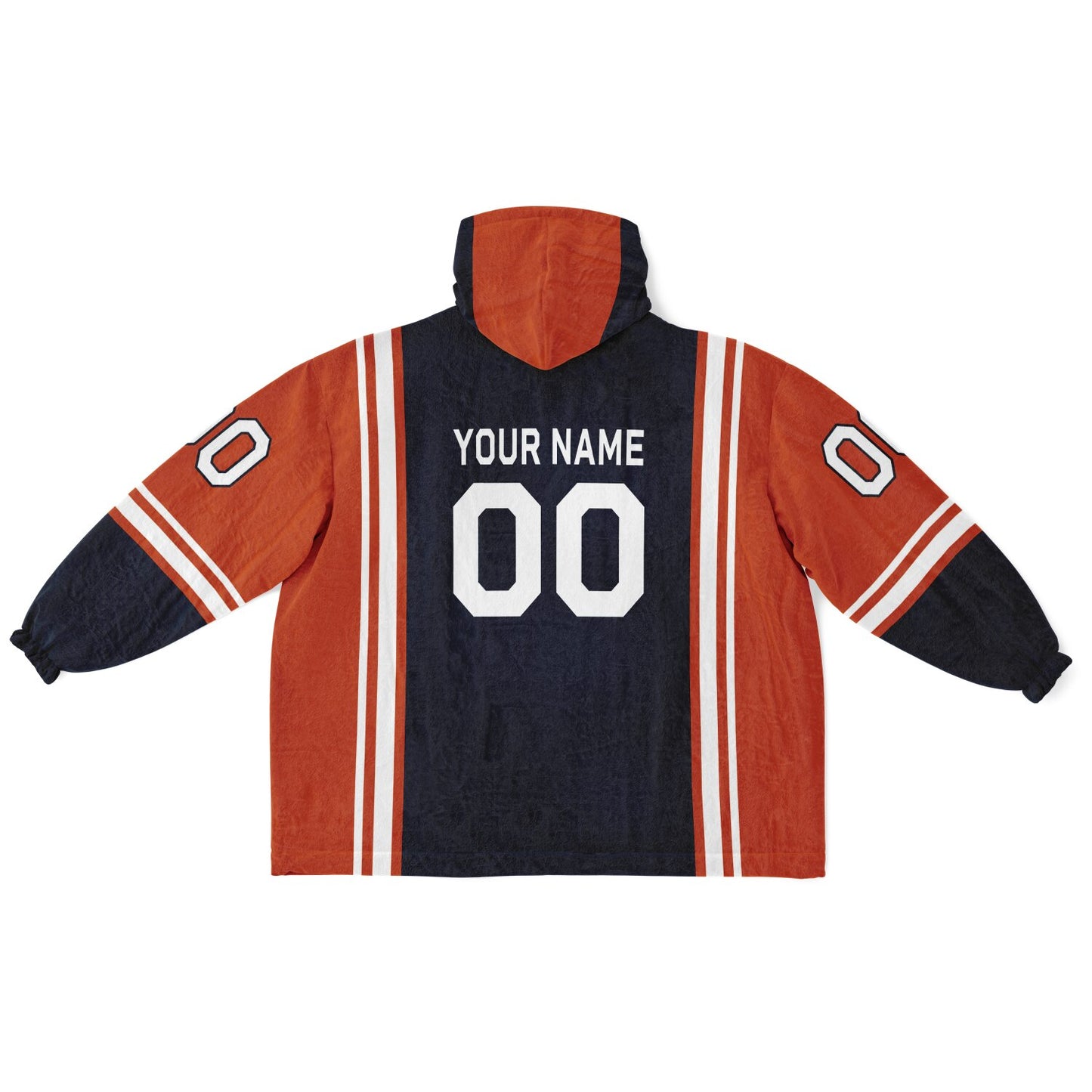 Navy, orange, and white bold snug hoodie with triple color blocking and a sporty aesthetic.