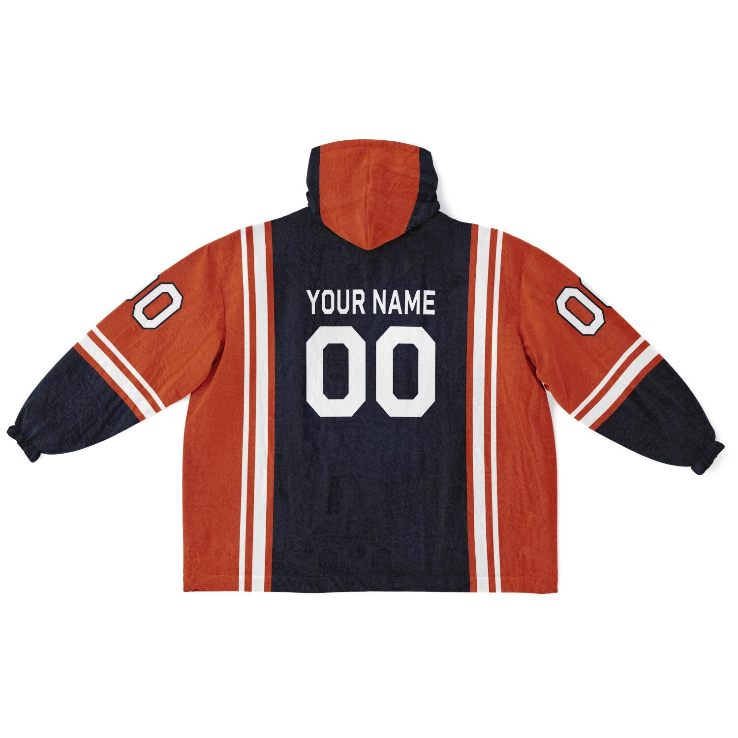 Navy, orange, and white bold snug hoodie with triple color blocking and a sporty aesthetic.