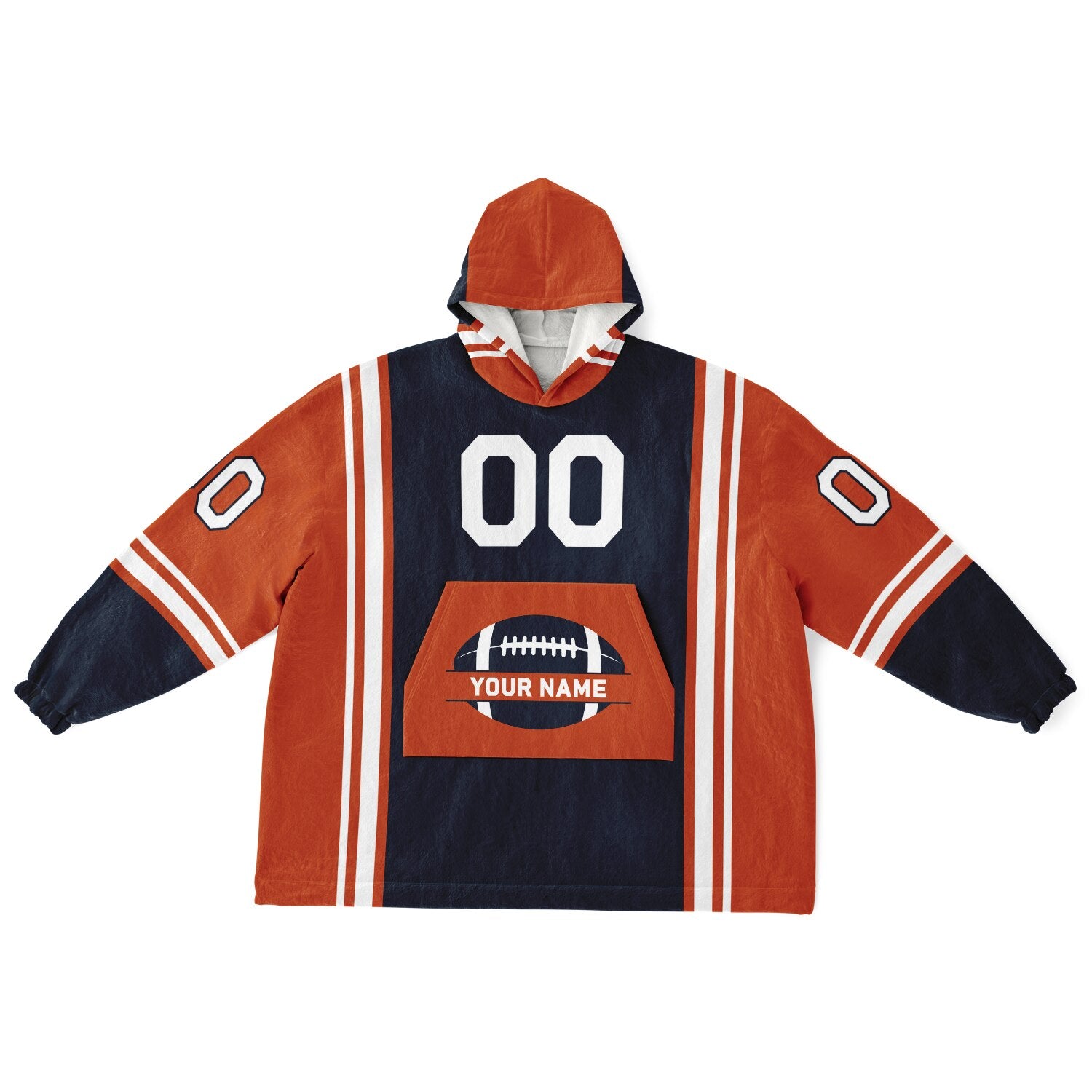 Navy, orange, and white bold snug hoodie with triple color blocking and a sporty aesthetic.