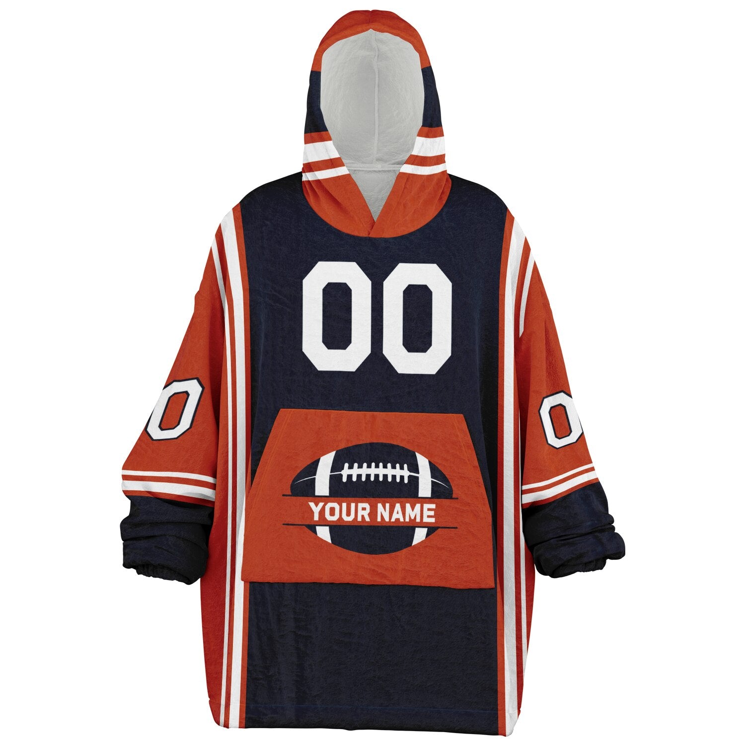 Navy, orange, and white bold snug hoodie with triple color blocking and a sporty aesthetic.