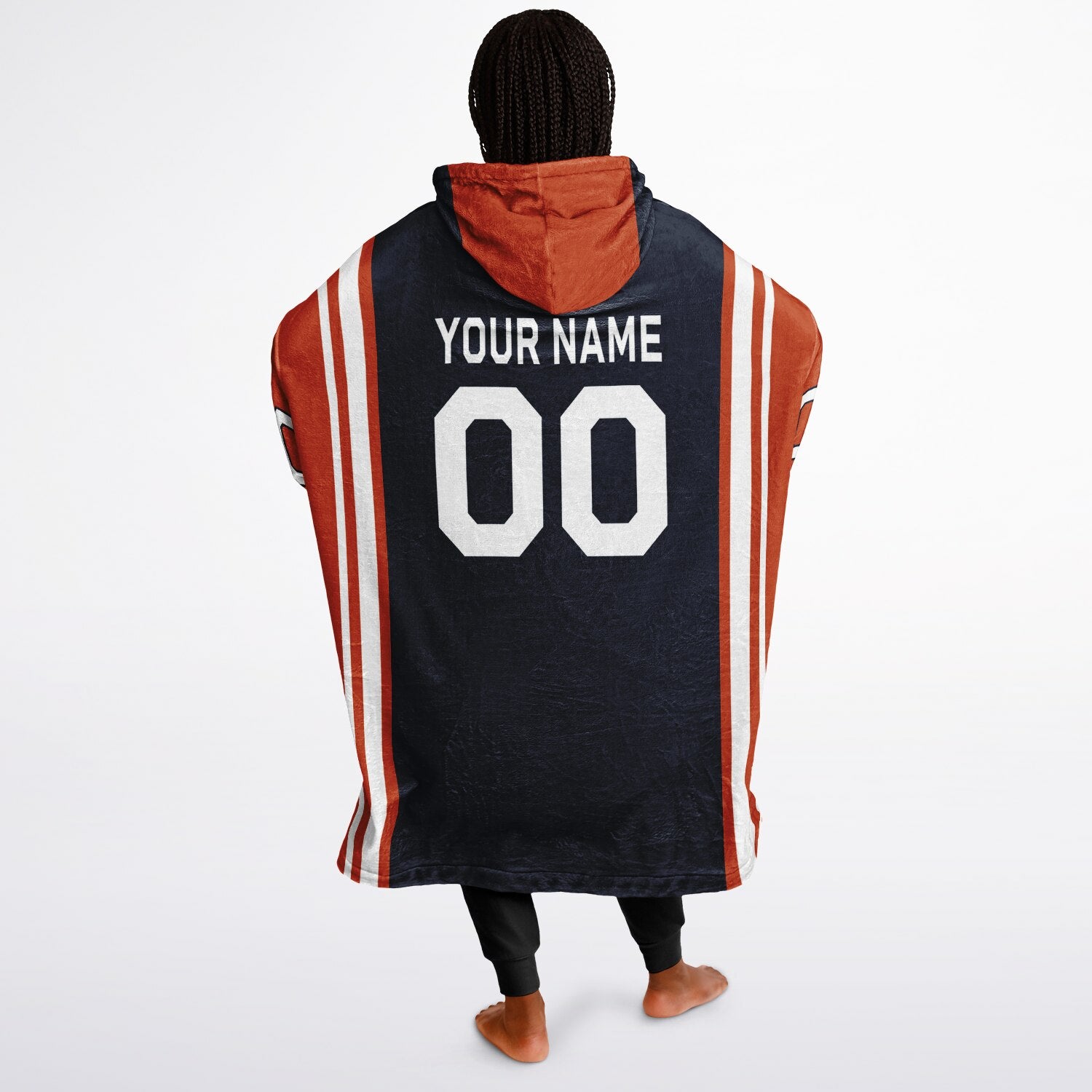 Navy, orange, and white bold snug hoodie with triple color blocking and a sporty aesthetic.