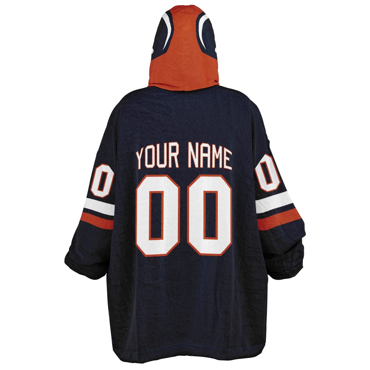 Navy, orange, and white classic snug hoodie featuring authentic jersey striping and personalized number details.