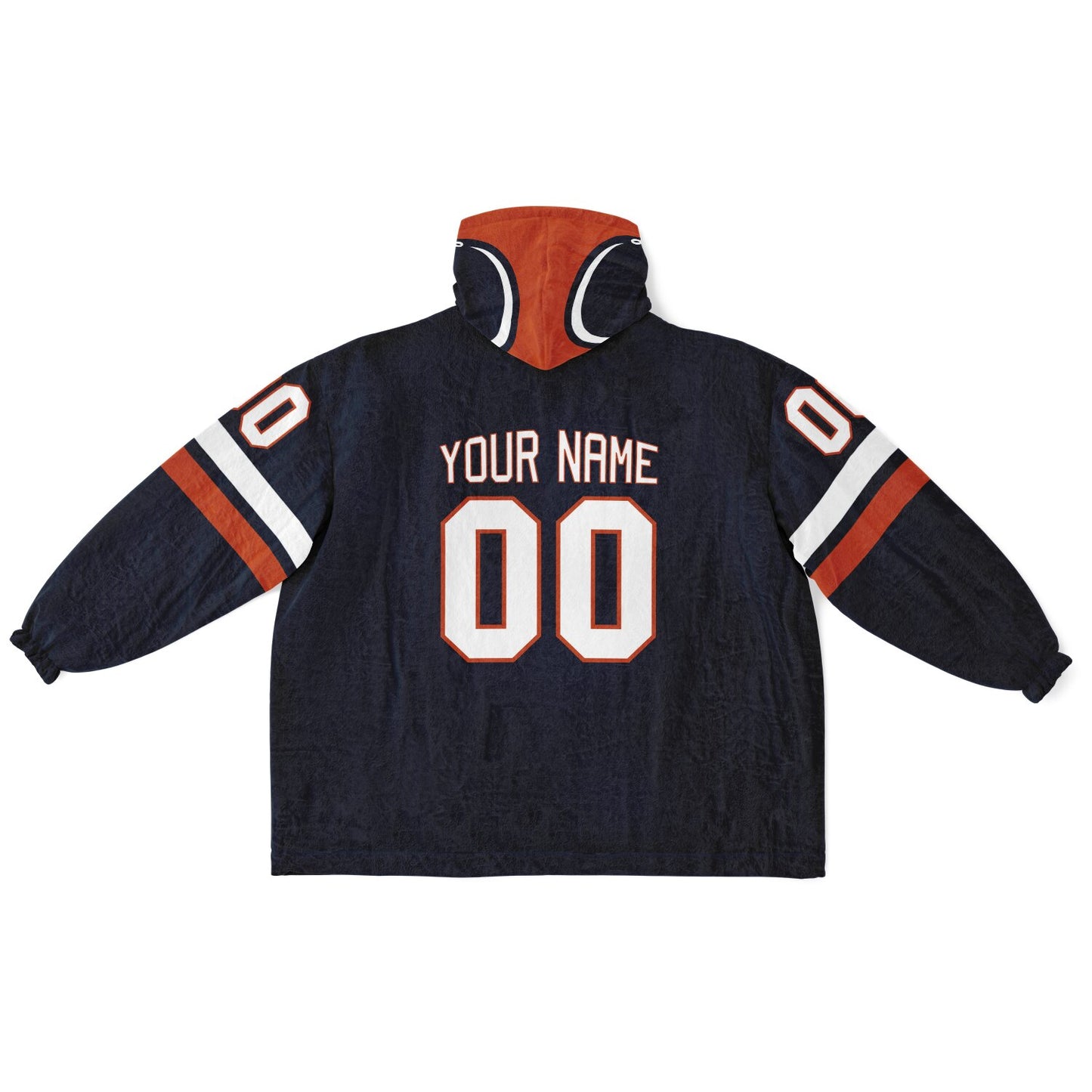 Navy, orange, and white classic snug hoodie featuring authentic jersey striping and personalized number details.