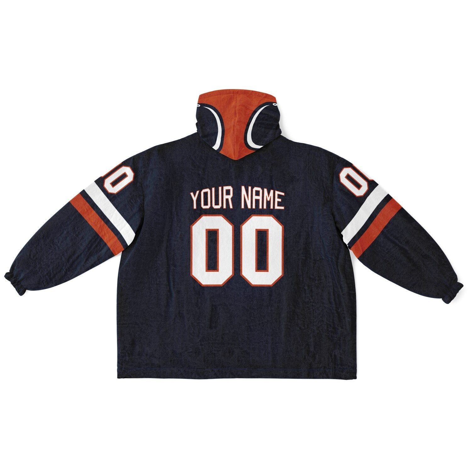 Navy, orange, and white classic snug hoodie featuring authentic jersey striping and personalized number details.